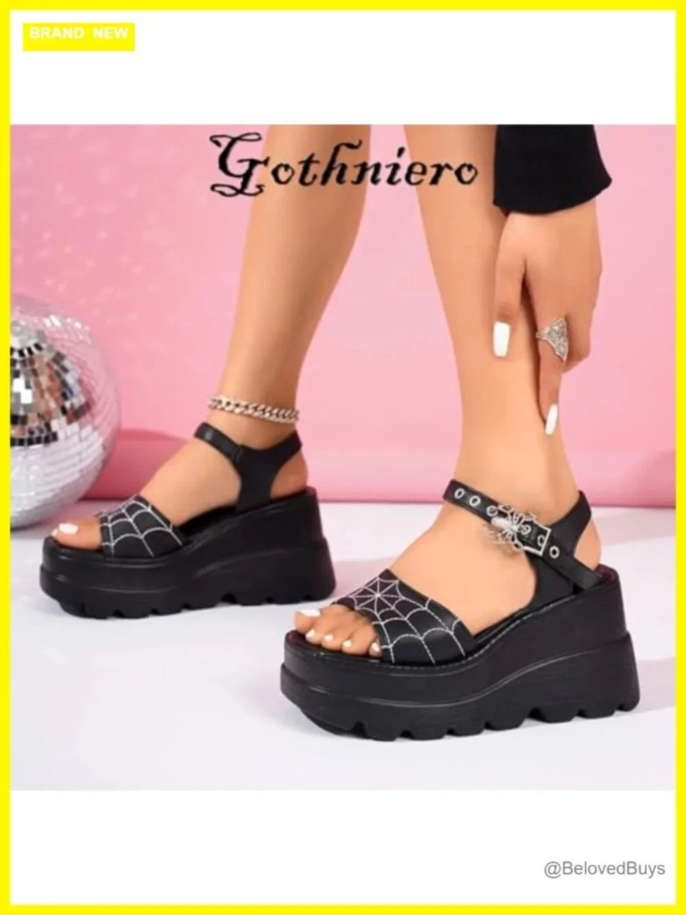 Faux Leather Platform Sandals Chunky Wedge Heel Metallic Buckle Ankle Strap